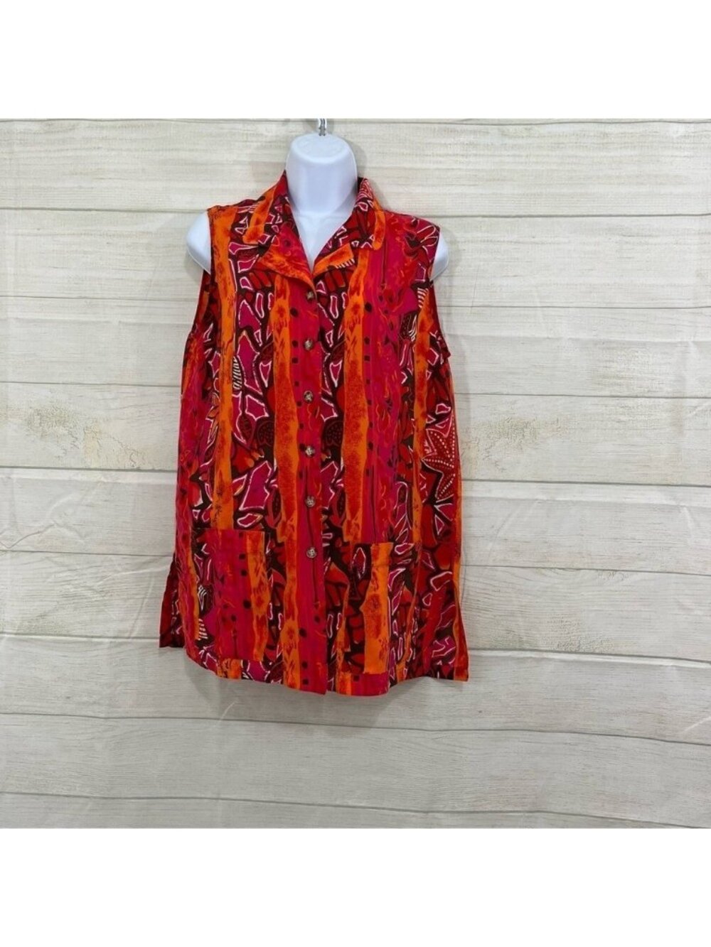 Casual Corner Pink Orange Print Silk Button Sleeveless Blouse